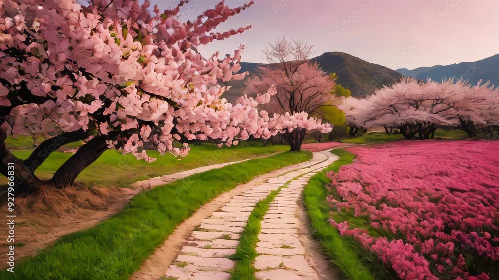 A scenic pathway lined with blooming cherry blossom trees, surrounded by a vibrant pink field under a clear blue sky A scenic pathway lined with blooming cherry blossom trees, surrounded by a vibrant pink field under a clear blue sky