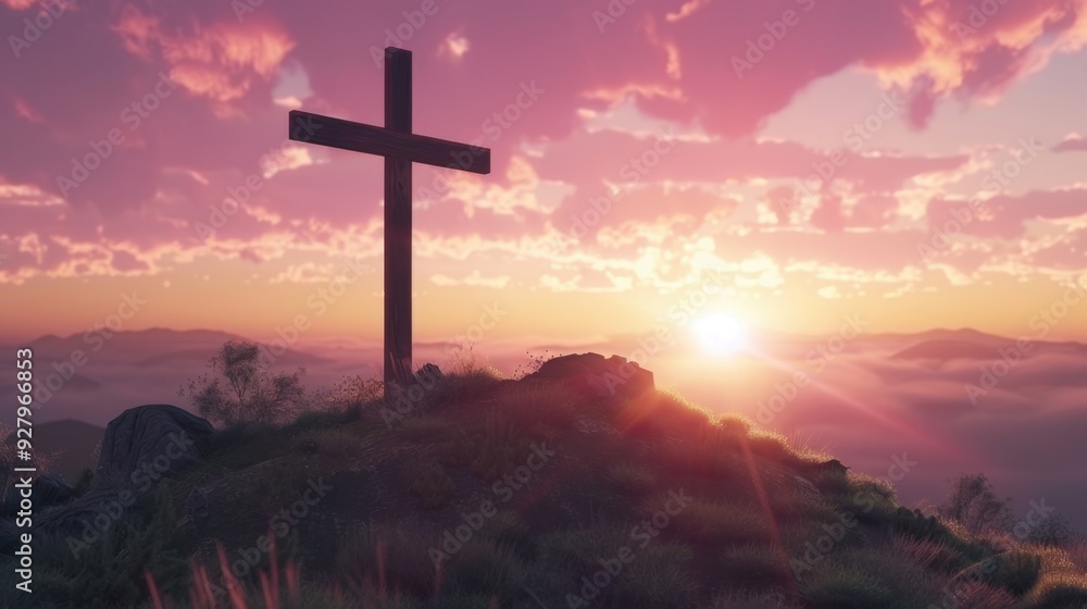 A wooden cross standing tall on a hill at sunrise, symbolizing hope and faith against the backdrop of a glowing sky. A wooden cross standing tall on a hill at sunrise, symbolizing hope and faith against the backdrop of a glowing sky.