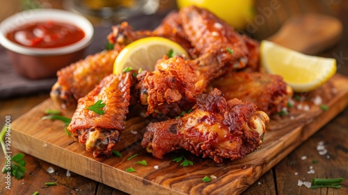 Crispy golden fried chicken wings on a wooden board with dipping sauce and lemon wedges.