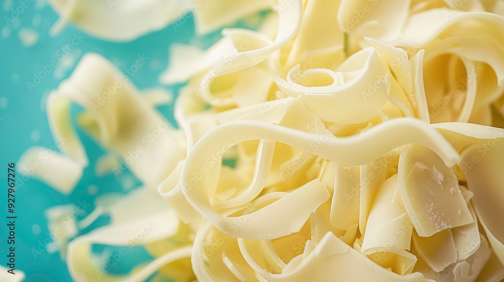 Close-up of white chocolate shavings, soft focus, on a light blue background. Close-up of white chocolate shavings, soft focus, on a light blue background.