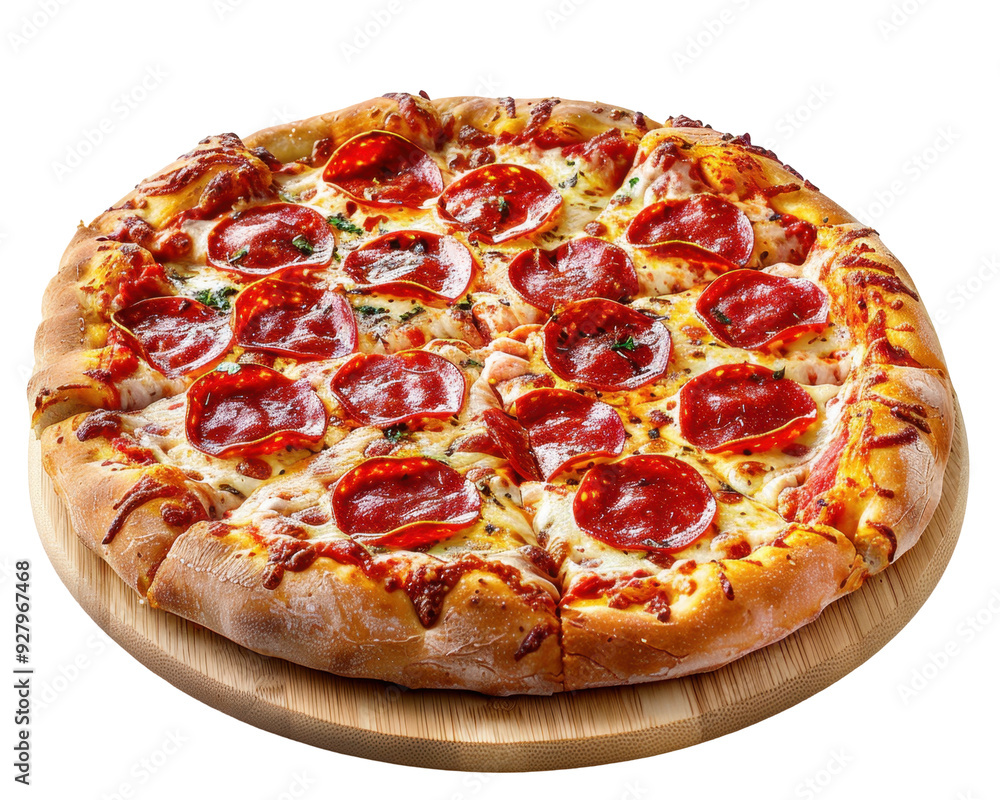 A close-up of a delicious pepperoni pizza on a wooden board, with a transparent background. A close-up of a delicious pepperoni pizza on a wooden board, with a transparent background.