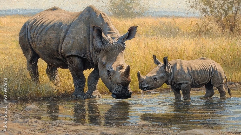 Obraz premium White Rhino Mother and Calf Drinking at a Waterhole.