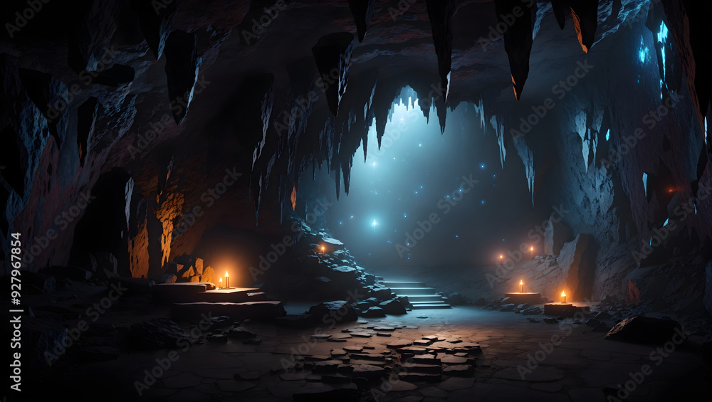 Obraz premium Mysterious Cave with Dark Entrances and Shadowy Depths Illuminated by Glowing Rocks and Hidden Pathways