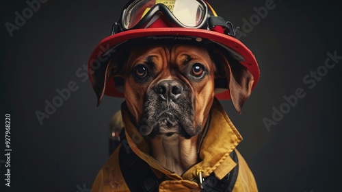 Dog dressed like a firefighter Cute animals wearing firefighter uniforms photo