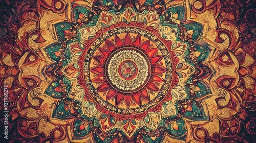 Abstract Mandala with Red, Green, and Gold Patterns.