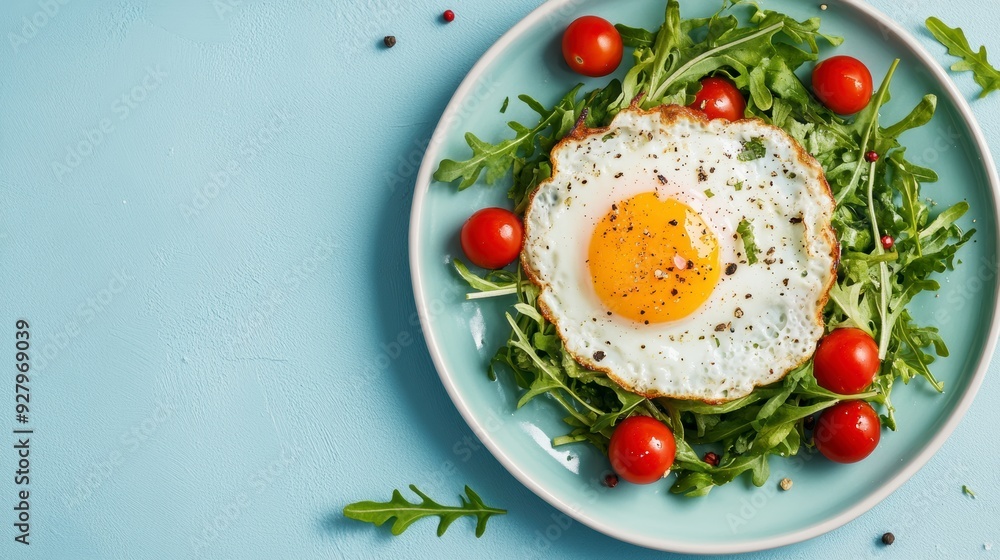 Fried eggs with vegetables on a plate. A bright healthy breakfast Fried eggs with vegetables on a plate. A bright healthy breakfast