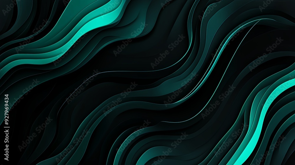 Elegant vector design of teal wavy lines on a black background, embodying minimalism and high-resolution 8K quality for modern aesthetics. Elegant vector design of teal wavy lines on a black background, embodying minimalism and high-resolution 8K quality for modern aesthetics.