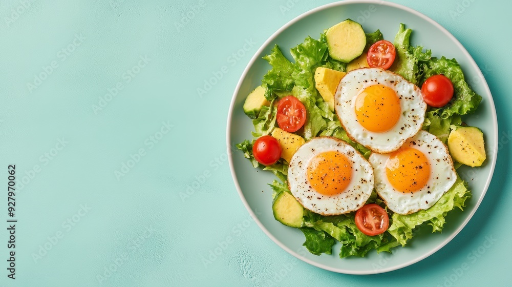 Fried eggs with vegetables on a plate. A bright healthy breakfast Fried eggs with vegetables on a plate. A bright healthy breakfast