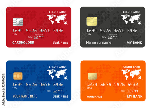 Debit cards collection.Set of colorful credit card isolated on white background
