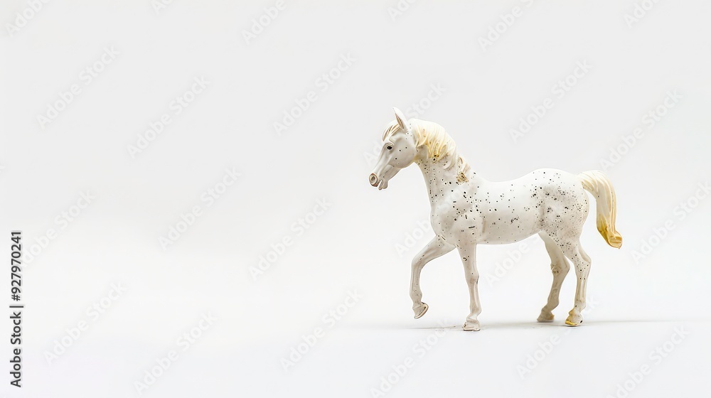 Fototapeta premium A white horse figurine with black spots stands on a white background.