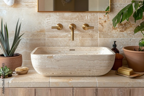 A bathroom sink with a gold faucet and a plant in a pot photo