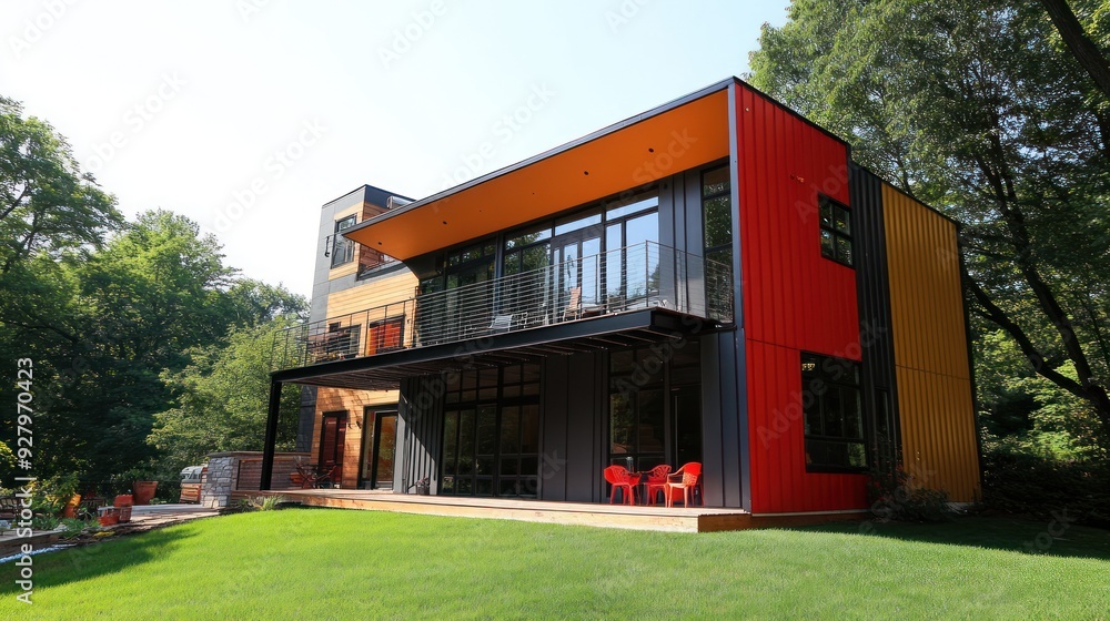 Obraz premium Modern, colorful home with a balcony, outdoor patio, and large windows.