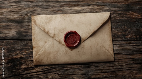 Vintage Sealed Envelope on Wooden Background. photo