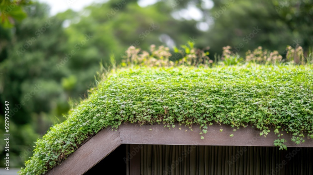 Green foliage growing on top of a wooden roof. Green foliage growing on top of a wooden roof.