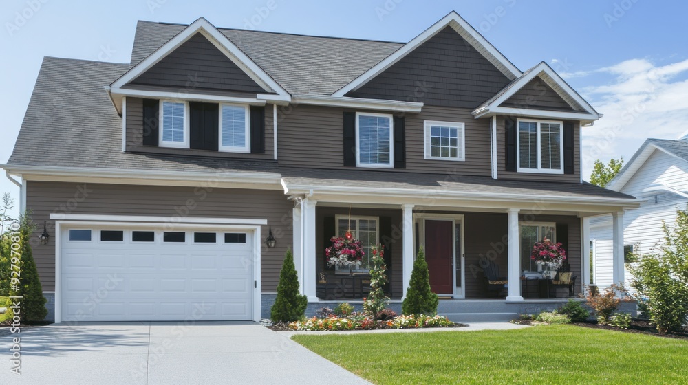 A two-story brown house with a white garage door, white trim, and a front porch with flower baskets. A two-story brown house with a white garage door, white trim, and a front porch with flower baskets.