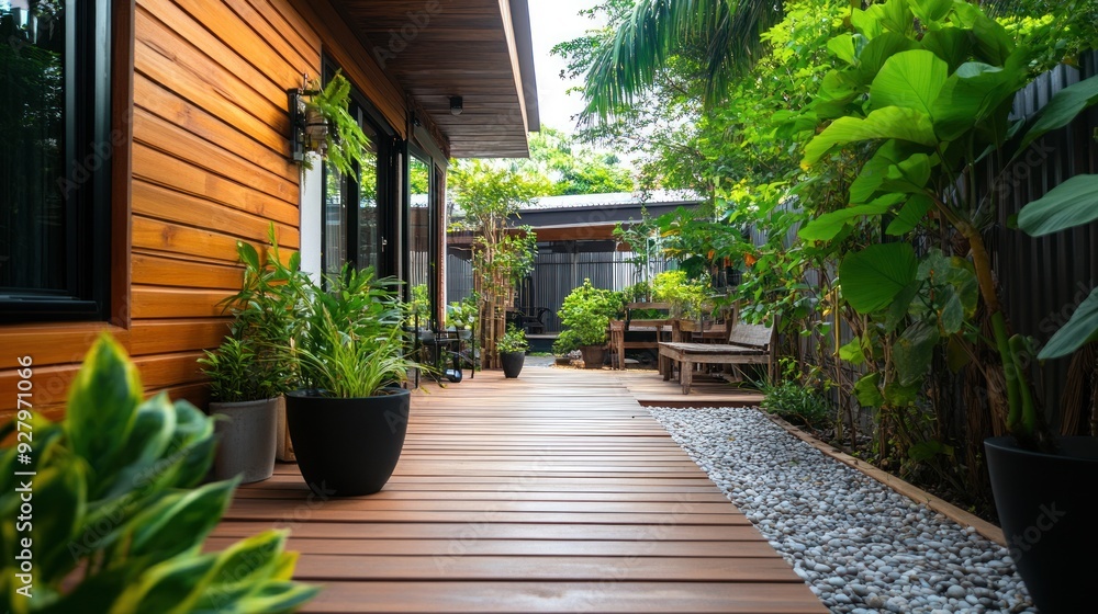 Wooden walkway leading through lush greenery in a tropical garden. Wooden walkway leading through lush greenery in a tropical garden.