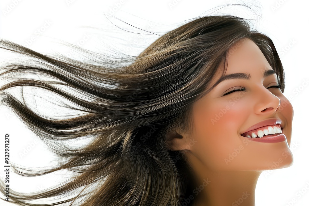 Joyful woman with flowing hair smiles radiantly against a bright backdrop Joyful woman with flowing hair smiles radiantly against a bright backdrop