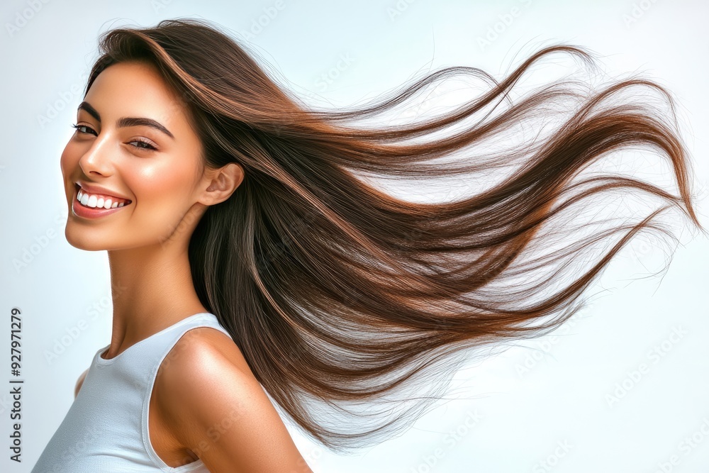 A joyful woman with flowing hair in a serene setting showcasing beauty and confidence A joyful woman with flowing hair in a serene setting showcasing beauty and confidence