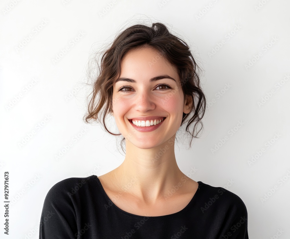 A joyful young woman with curly hair smiles warmly against a light background, radiating happiness and confidence A joyful young woman with curly hair smiles warmly against a light background, radiating happiness and confidence