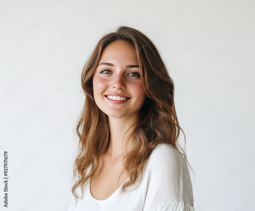 A radiant young woman poses gracefully with a warm smile against a soft, neutral background A radiant young woman poses gracefully with a warm smile against a soft, neutral background