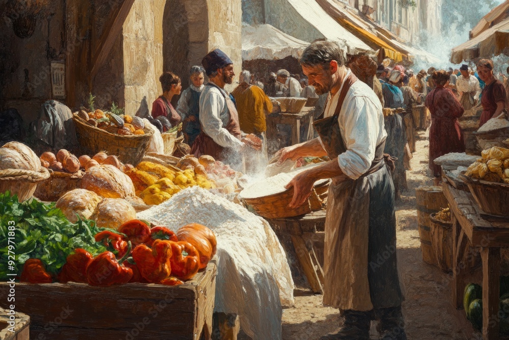 A vibrant market scene filled with fresh produce. Vendors offer colorful fruits and vegetables. Customers engage in lively trade. A timeless and inviting atmosphere. AI A vibrant market scene filled with fresh produce. Vendors offer colorful fruits and vegetables. Customers engage in lively trade. A timeless and inviting atmosphere. AI