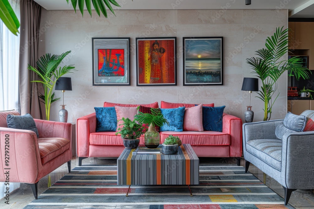 Fototapeta premium A living room with a red couch and two pink chairs