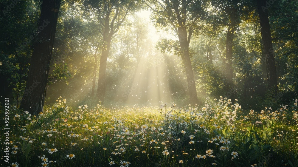 Sunbeams Through the Trees in a Summer Forest. Sunbeams Through the Trees in a Summer Forest.