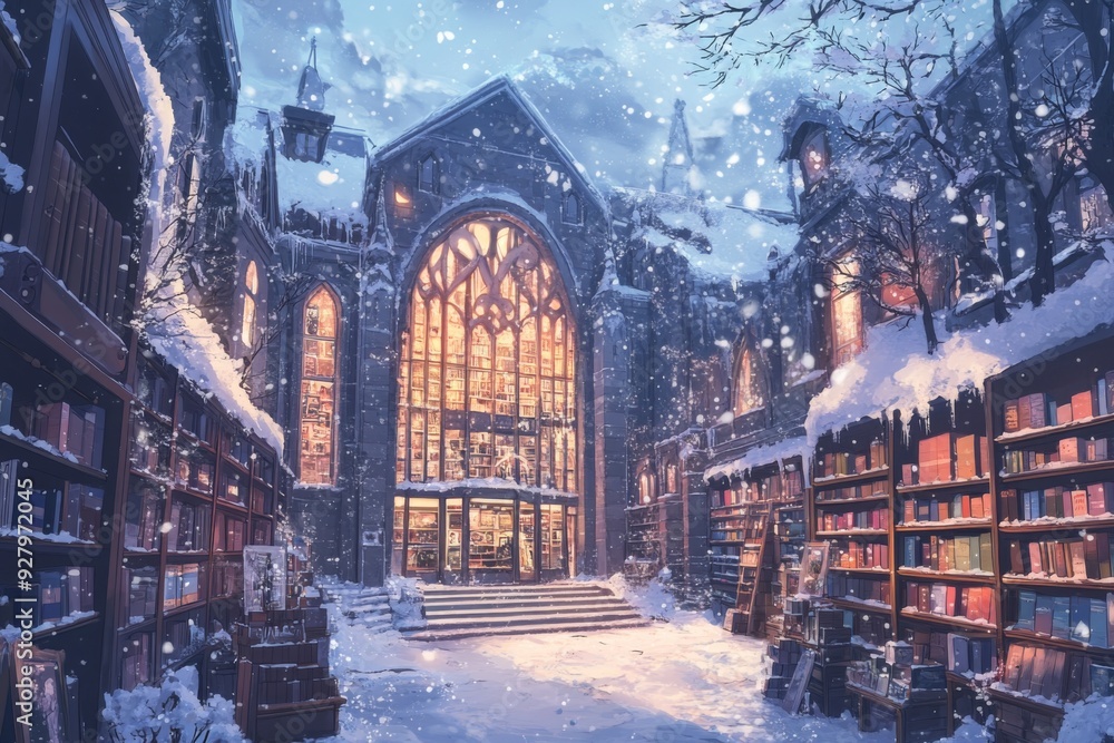 Obraz premium Anime-Style Enchanted Winter Solstice Fairy Tale Bookstore: A Cozy Haven Filled with Magical Stories for the Festive Season, Perfect for Gaming Art and Storybook Illustrations in 4K Christmas 