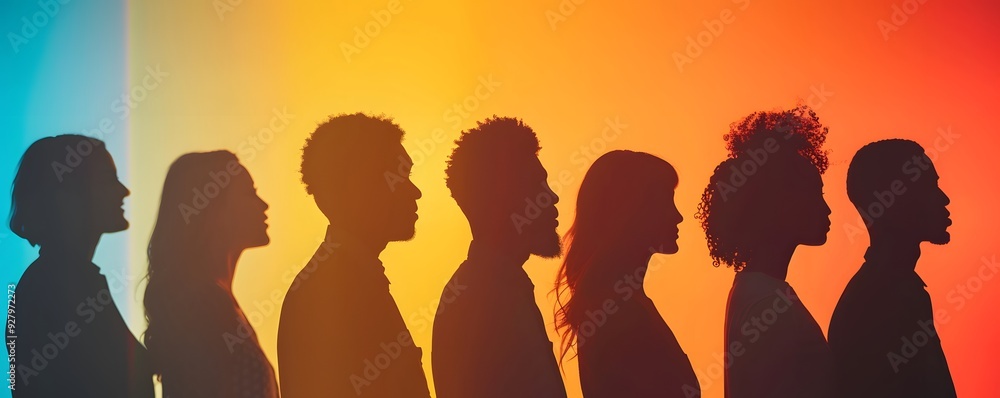Silhouettes of diverse individuals against a colorful background. Silhouettes of diverse individuals against a colorful background.
