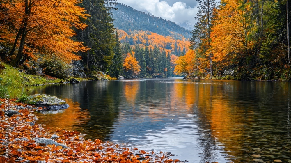 Naklejka premium Autumn Reflection in a Forest Lake.