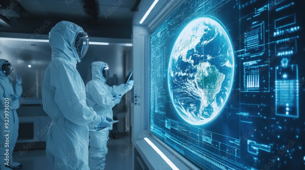 Scientists in a futuristic lab analyzing data on Earth Scientists in a futuristic lab analyzing data on Earth
