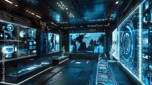 Futuristic Museum Hall with Interactive Exhibits