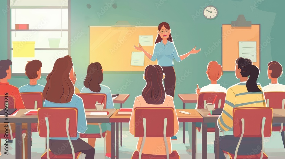 A female teacher is instructing the class in the classroom. education ...