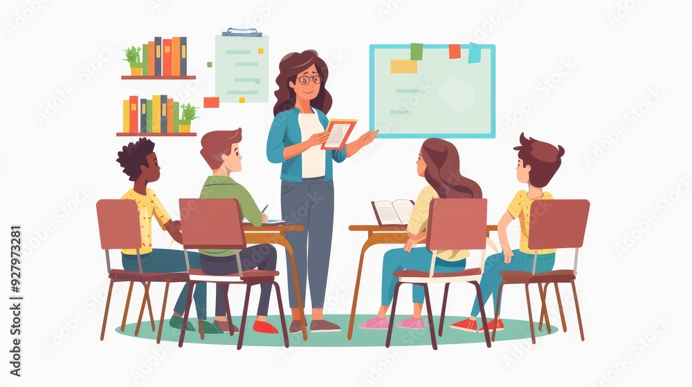 A female teacher is instructing the class in the classroom. education from school, college, or university; a female tutor speaking at work or during a job; a course lecture A female teacher is instructing the class in the classroom. education from school, college, or university; a female tutor speaking at work or during a job; a course lecture