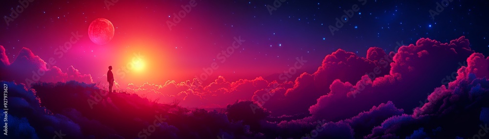 A serene and vibrant landscape featuring a silhouetted figure against a colorful sunset and cosmic clouds in a dreamlike setting. A serene and vibrant landscape featuring a silhouetted figure against a colorful sunset and cosmic clouds in a dreamlike setting.