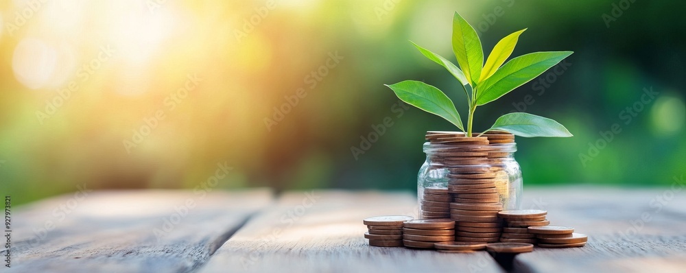 A sprout emerging from a jar of coins symbolizes growth, investment, and financial success in a natural setting. A sprout emerging from a jar of coins symbolizes growth, investment, and financial success in a natural setting.