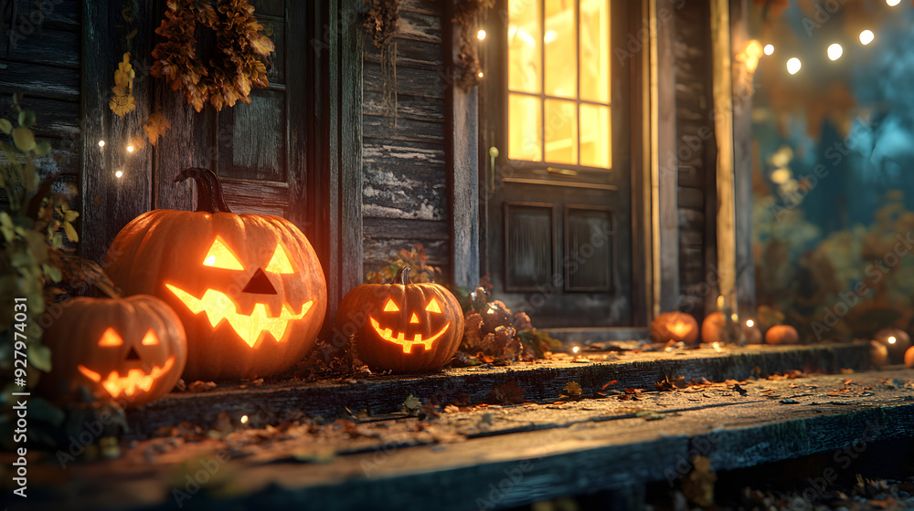 Fototapeta premium Rustic Pumpkins Carved at the Old Porch