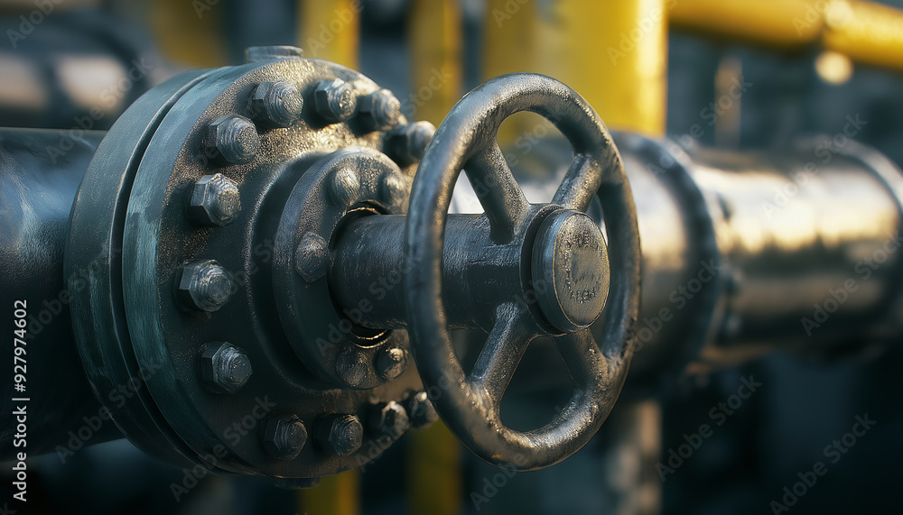 a yellow water/gas pipe in a factory. a yellow water/gas pipe in a factory.