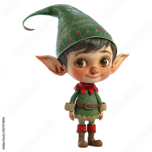Cute 3D ELF in Green Dress on Transparent Background