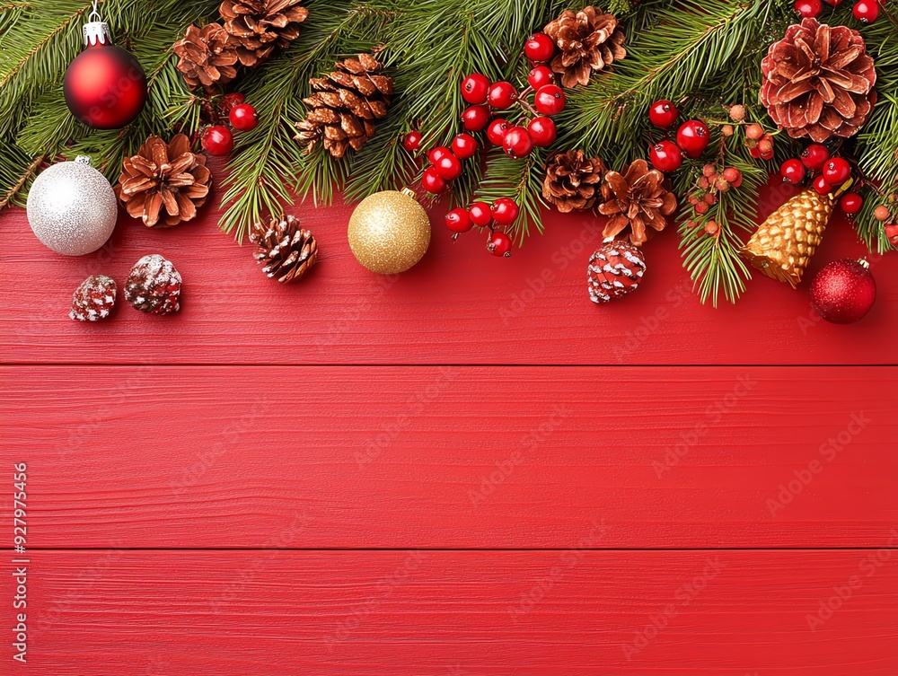 Festive holiday arrangement featuring pine branches, ornaments, and pine cones on a vibrant red background, perfect for seasonal themes. Festive holiday arrangement featuring pine branches, ornaments, and pine cones on a vibrant red background, perfect for seasonal themes.