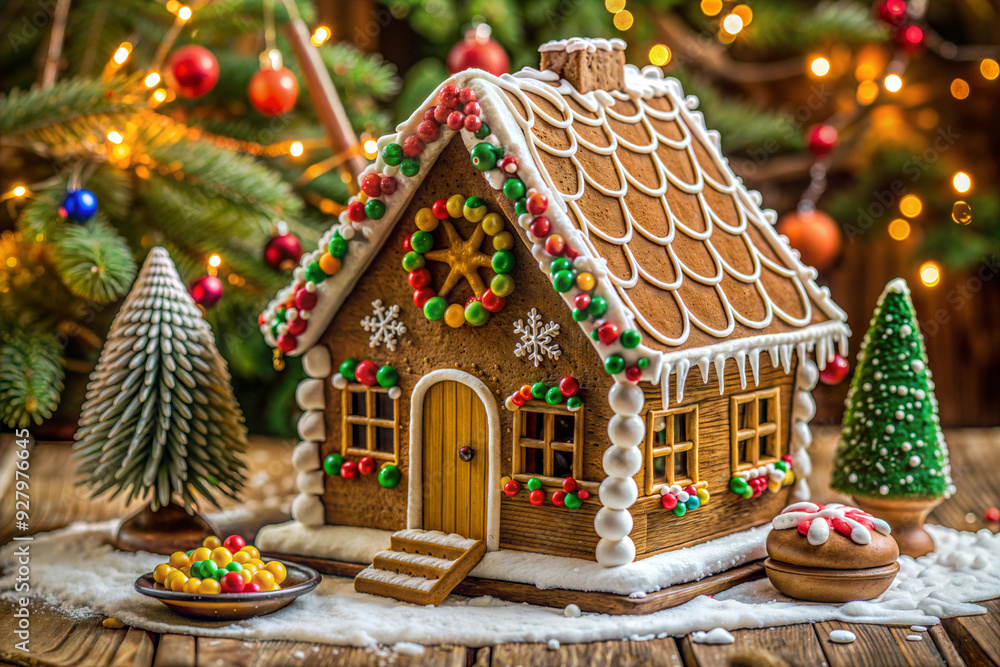 Gingerbread House Against a Christmas Tree Background, Festive Holiday Scene Gingerbread House Against a Christmas Tree Background, Festive Holiday Scene