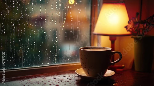 Coffee cup and glowing lamp by the window on a rainy night with soothing ambiance
 Seamless looping 4k time-lapse virtual video animation Generated AI