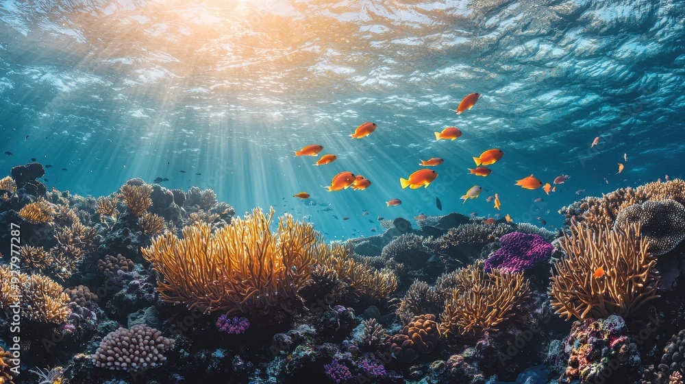 Obraz premium Underwater Coral Reef with Fish and Sunbeams.