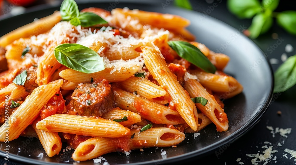 A rustic penne pasta dish with fresh basil, ripe tomatoes, and cheese, styled on a wooden table for a homestyle Italian vibe. A rustic penne pasta dish with fresh basil, ripe tomatoes, and cheese, styled on a wooden table for a homestyle Italian vibe.