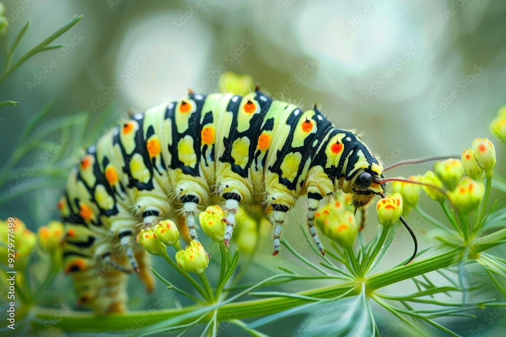 Swallowtail caterpillar perched on dill plant in backyard garden environment for naturalists Swallowtail caterpillar perched on dill plant in backyard garden environment for naturalists