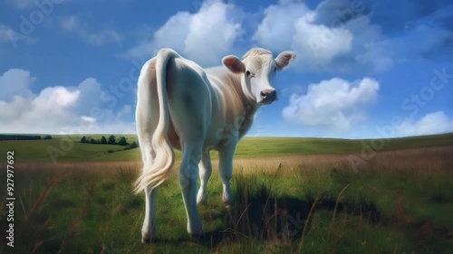 View from behind of a cow in white colours looking slightly back. seamless looping 4K virtual video animation background