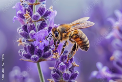 Close up capture of a honey bee pollinating on a beautiful blooming lavender plant