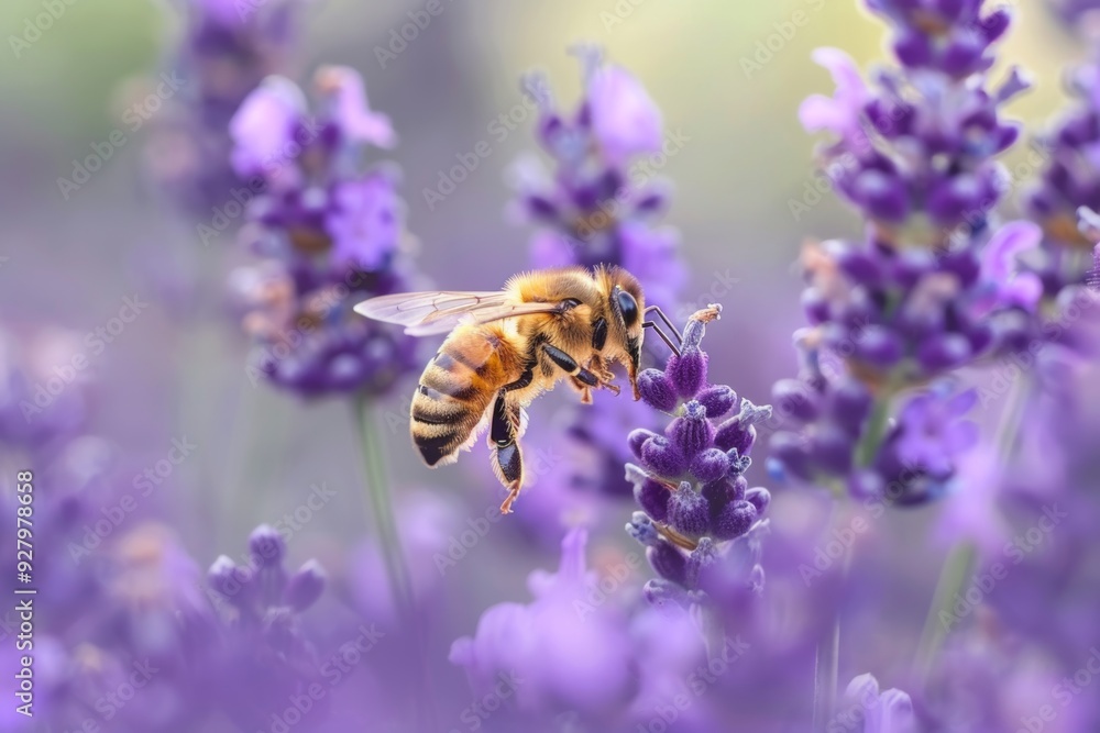 Detailed macro shot of a honey bee pollinating on a beautiful blooming lavender flower Detailed macro shot of a honey bee pollinating on a beautiful blooming lavender flower