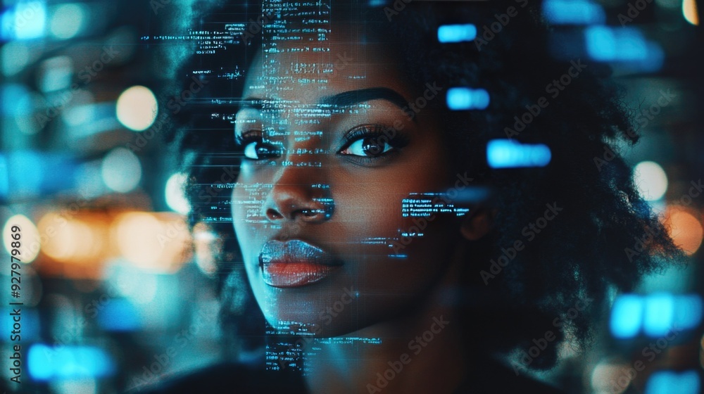 black woman with projection of digital code on face,technology and future.Dark background.Concept of digital future,learning with artificial intelligence, digital technical education black woman with projection of digital code on face,technology and future.Dark background.Concept of digital future,learning with artificial intelligence, digital technical education