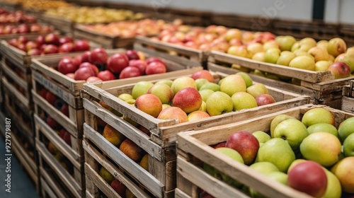 Crates full of fresh red and green apples. Perfect for showcasing the abundance of fruits in a grocery store or orchard.